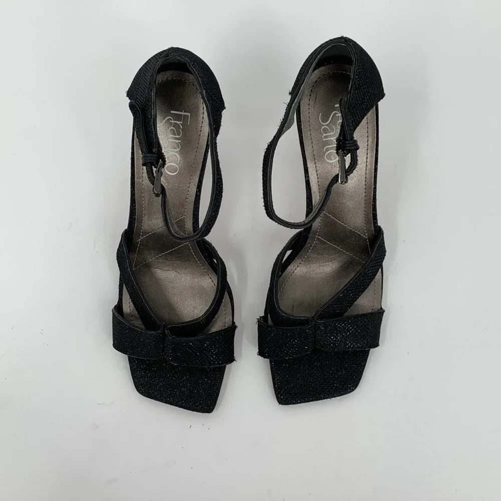 Franco Sarto Rania sandals heel shoe black glitter sculptural heel elegant 6